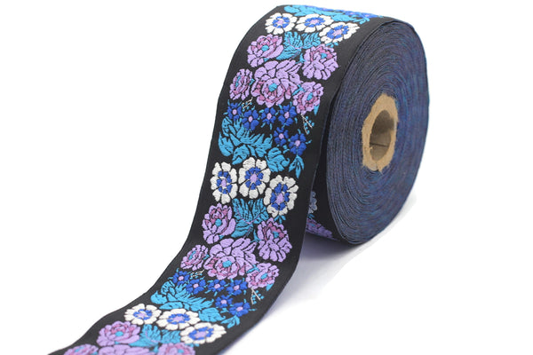 50 mm Blue/Black Floral Embroidered ribbon (1.96 inches, Vintage Jacquard, Floral ribbon, Sewing trim, Jacquard trim, Jacquard ribbon, 50097