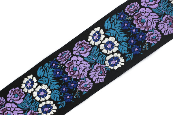 50 mm Blue/Black Floral Embroidered ribbon (1.96 inches, Vintage Jacquard, Floral ribbon, Sewing trim, Jacquard trim, Jacquard ribbon, 50097