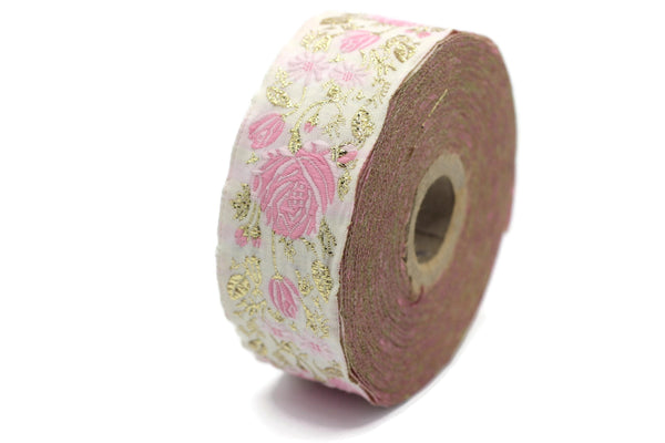 35 mm Pink / White Floral Jacquard trim (1.37 inches), Rose emboried Ribbon, Decorative Craft Ribbon, Jacquard Ribbon Trim, 35089