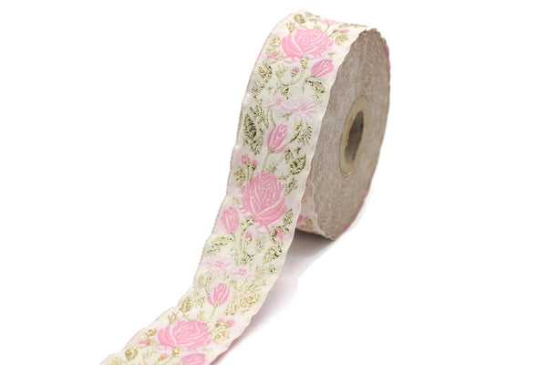 35 mm Pink / White Floral Jacquard trim (1.37 inches), Rose emboried Ribbon, Decorative Craft Ribbon, Jacquard Ribbon Trim, 35089