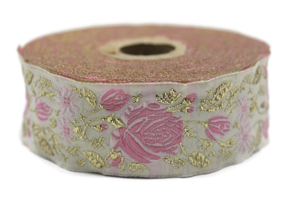 35 mm Pink / White Floral Jacquard trim (1.37 inches), Rose emboried Ribbon, Decorative Craft Ribbon, Jacquard Ribbon Trim, 35089
