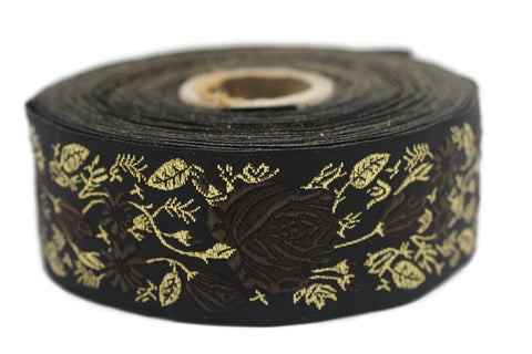 35 mm Brown / Black Floral Jacquard trim (1.37 inches), Rose emboried Ribbon, Decorative Craft Ribbon, Jacquard Ribbon Trim, 35089