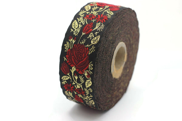 35 mm Red / Black Floral Jacquard trim (1.37 inches), Rose emboried Ribbon, Decorative Craft Ribbon, Jacquard Ribbon Trim, 35089