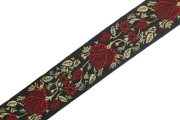 35 mm Red / Black Floral Jacquard trim (1.37 inches), Rose emboried Ribbon, Decorative Craft Ribbon, Jacquard Ribbon Trim, 35089