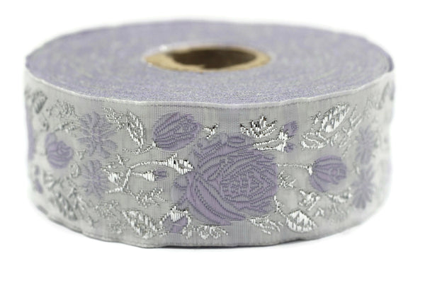 35 mm Purple / White Floral Jacquard trim (1.37 inches), vintage Ribbon, Decorative Craft Ribbon, Floral Jacquard Ribbon Trim, 35089