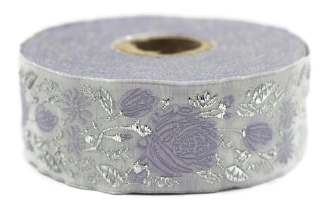 35 mm Purple / White Floral Jacquard trim (1.37 inches), vintage Ribbon, Decorative Craft Ribbon, Floral Jacquard Ribbon Trim, 35089