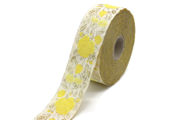 35 mm Yellow / White Floral Jacquard trim (1.37 inches), Rose emboried Ribbon, Decorative Craft Ribbon, Jacquard Ribbon Trim, 35089