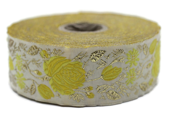 35 mm Yellow / White Floral Jacquard trim (1.37 inches), Rose emboried Ribbon, Decorative Craft Ribbon, Jacquard Ribbon Trim, 35089
