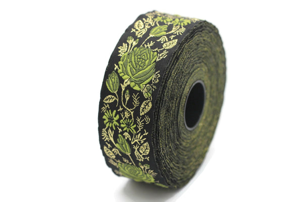 35 mm Green / Black Floral Jacquard trim (1.37 inches), Rose emboried Ribbon, Decorative Craft Ribbon, Jacquard Ribbon Trim, 35089