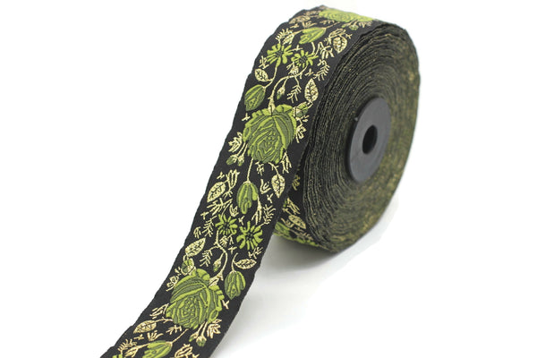 35 mm Green / Black Floral Jacquard trim (1.37 inches), Rose emboried Ribbon, Decorative Craft Ribbon, Jacquard Ribbon Trim, 35089