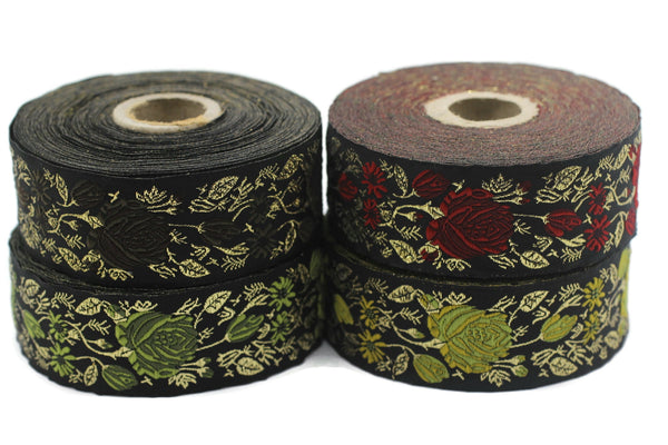 35 mm Green / Black Floral Jacquard trim (1.37 inches), Rose emboried Ribbon, Decorative Craft Ribbon, Jacquard Ribbon Trim, 35089