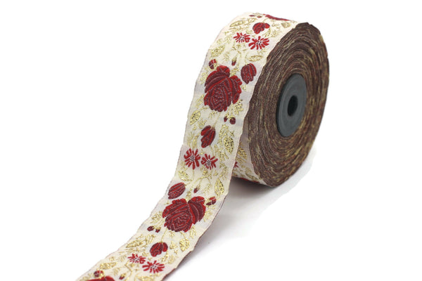 35 mm Red / White Floral Jacquard trim (1.37 inches) Rose emboried Ribbon, Decorative Craft Ribbon, Jacquard Ribbon Trim, 35089