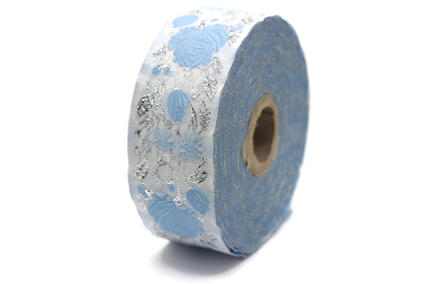 35 mm Blue / White Floral Jacquard trim (1.37 inches), vintage Ribbon, Decorative Craft Ribbon, Floral Jacquard Ribbon Trim, 35089