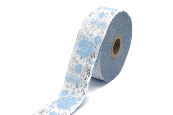 35 mm Blue / White Floral Jacquard trim (1.37 inches), vintage Ribbon, Decorative Craft Ribbon, Floral Jacquard Ribbon Trim, 35089