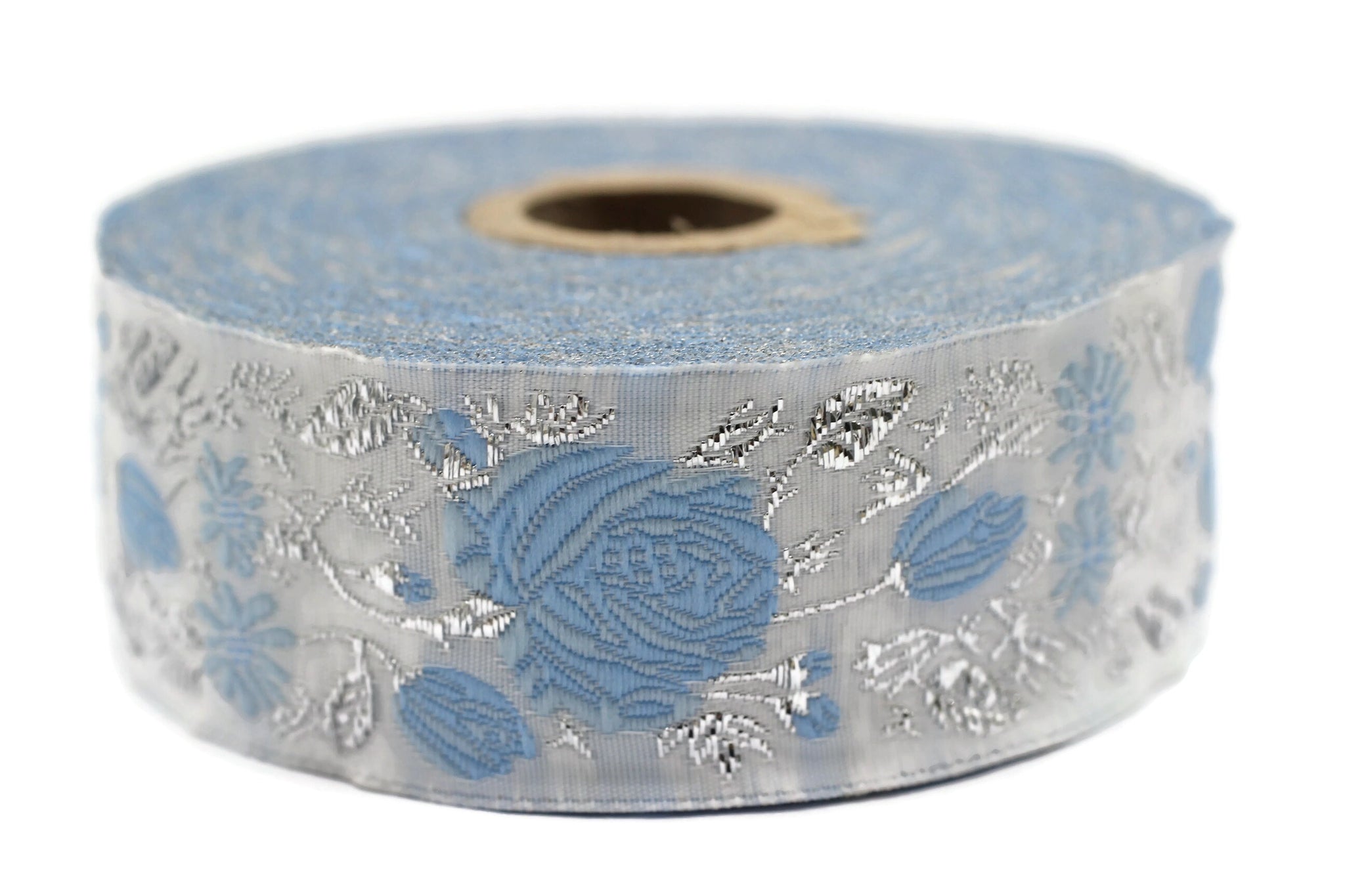 35 mm Blue / White Floral Jacquard trim (1.37 inches), vintage Ribbon, Decorative Craft Ribbon, Floral Jacquard Ribbon Trim, 35089