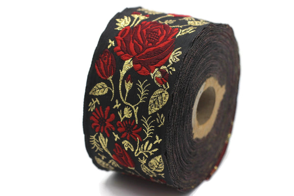 50 mm Red / Black Floral Jacquard trim, 1.96 inches, rose embroried Ribbon, Decorative Craft Ribbon, Jacquard Ribbon Trim, towel trim, 50089