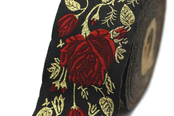 50 mm Red / Black Floral Jacquard trim, 1.96 inches, rose embroried Ribbon, Decorative Craft Ribbon, Jacquard Ribbon Trim, towel trim, 50089