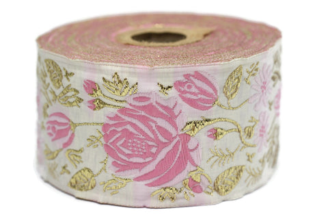 50 mm Pink / White Floral Jacquard trim (1.96 inches), rose embroried Ribbon, Decorative Craft Ribbon, Jacquard Ribbon Trim, 50089