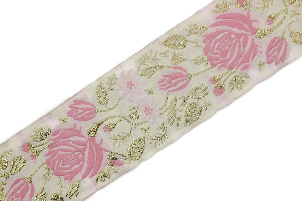 50 mm Pink / White Floral Jacquard trim (1.96 inches), rose embroried Ribbon, Decorative Craft Ribbon, Jacquard Ribbon Trim, 50089