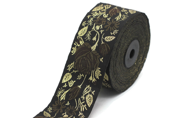 50 mm Brown / Black Floral Jacquard trim (1.96 inches) rose embroried Ribbon, Decorative Craft Ribbon, Jacquard Ribbon Trim, 50089