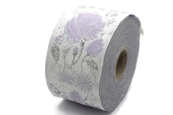 50 mm Purple / White Floral Jacquard trim (1.96 inches), vintage Ribbon, Decorative Craft Ribbon, Floral Jacquard Ribbon Trim, 50089