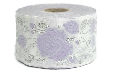 50 mm Purple / White Floral Jacquard trim (1.96 inches), vintage Ribbon, Decorative Craft Ribbon, Floral Jacquard Ribbon Trim, 50089