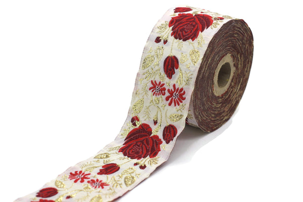 50 mm Red / White Floral Jacquard trim (1.96 inches), rose embroried Ribbon, Decorative Craft Ribbon, Jacquard Ribbon Trim, 50089