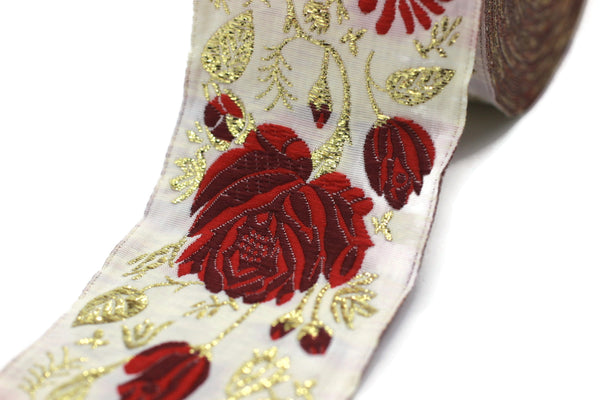 50 mm Red / White Floral Jacquard trim (1.96 inches), rose embroried Ribbon, Decorative Craft Ribbon, Jacquard Ribbon Trim, 50089