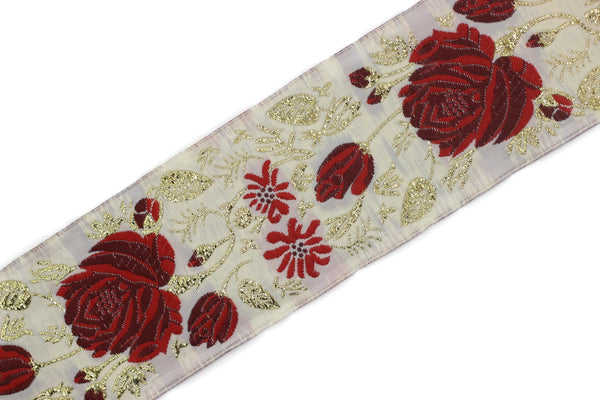 50 mm Red / White Floral Jacquard trim (1.96 inches), rose embroried Ribbon, Decorative Craft Ribbon, Jacquard Ribbon Trim, 50089