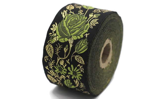 50 mm Green / Black Floral Jacquard trim (1.96 inches) rose embroried Ribbon, Decorative Craft Ribbon, Jacquard Ribbon Trim, 50089