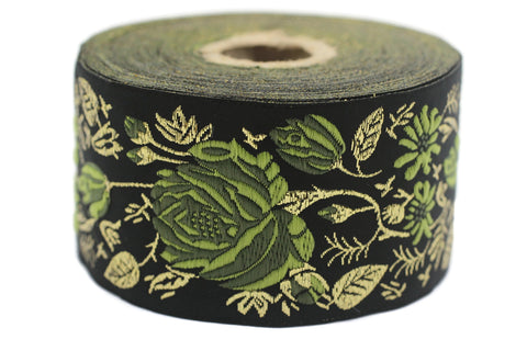 50 mm Green / Black Floral Jacquard trim (1.96 inches) rose embroried Ribbon, Decorative Craft Ribbon, Jacquard Ribbon Trim, 50089
