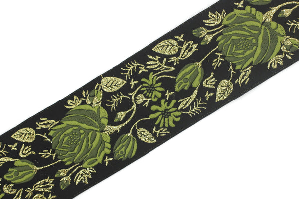 50 mm Green / Black Floral Jacquard trim (1.96 inches) rose embroried Ribbon, Decorative Craft Ribbon, Jacquard Ribbon Trim, 50089