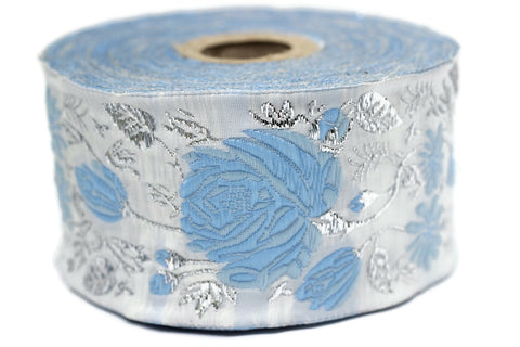 50 mm Blue / White Floral Jacquard trim (1.96 inches) vintage Ribbon, Decorative Craft Ribbon, Floral Jacquard Ribbon Trim, 50089