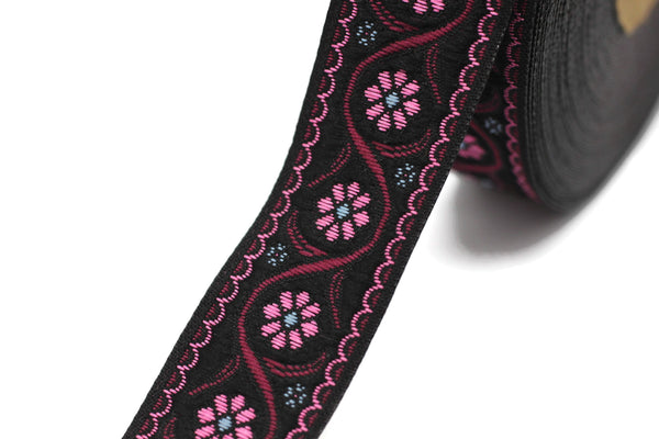 22 mm Pink Floral Embroidered ribbon (0.86 inches), Vintage Jacquard, Floral ribbon, Floral trim, woven jacquard, jacquard ribbons, 22938