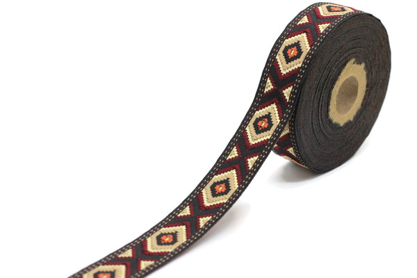 25 mm Brown / Claret red Jacquard trim (0.98 inches), vintage Ribbon, Decorative Craft Ribbon, Sewing trim, Jacquard ribbon, 25952