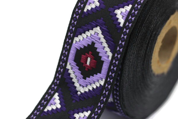 35 mm Purple jacquard ribbons 1.37 inches, Geometric embroidered trim, woven trim, woven jacquards, woven border, 35952