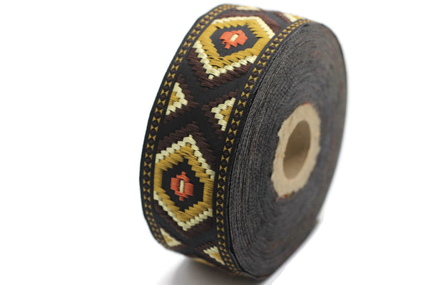 35 mm Milk Brown jacquard ribbons 1.37 inches, Geometric embroidered trim, woven trim, woven jacquards, woven border, 35952