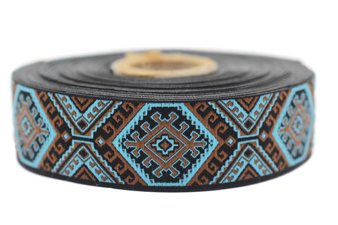25mm Blue/Brown embroidered ribbon, Jacquard ribbon, Decorative ribbon, Craft Ribbon, Jacquard trim, costume ribbon, sewing trim 25708