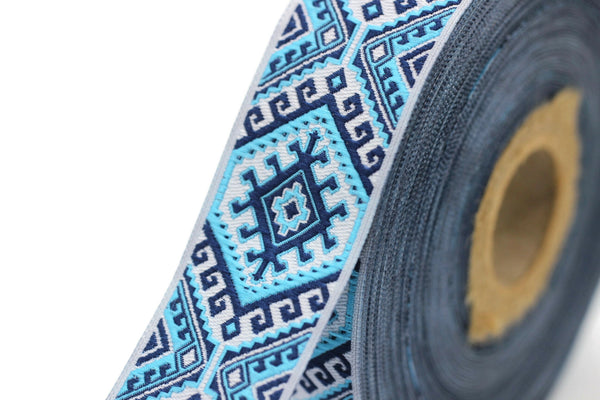 25mm Blue embroidered ribbon, Jacquard ribbon, 0.98inc, Decorative ribbon, Craft Ribbon, Jacquard trim, costume ribbon, sewing trim, 25708