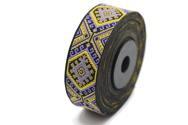 25mm Purple/Yellow embroidered ribbon, Jacquard ribbon, Decorative ribbon, Craft Ribbon, Jacquard trim, costume ribbon, sewing trim 25708