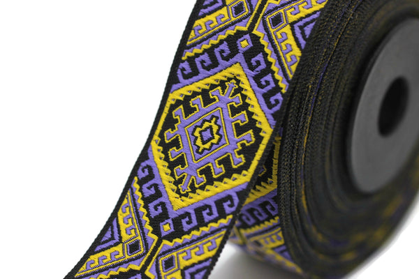 25mm Purple/Yellow embroidered ribbon, Jacquard ribbon, Decorative ribbon, Craft Ribbon, Jacquard trim, costume ribbon, sewing trim 25708