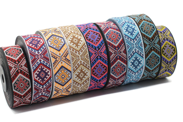 25mm Blue/Brown embroidered ribbon, Jacquard ribbon, Decorative ribbon, Craft Ribbon, Jacquard trim, costume ribbon, sewing trim 25708