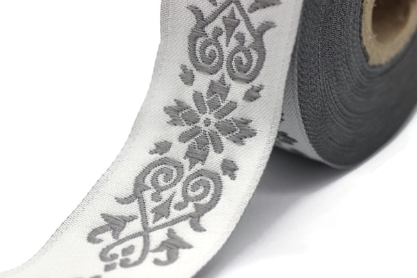 35 mm Gray Victorian Jade Jacquard Ribbon 1.37 (inch) | Embroidered Bordure | Fabric Tapestry for Embellishment Craft Home Decor | 35271