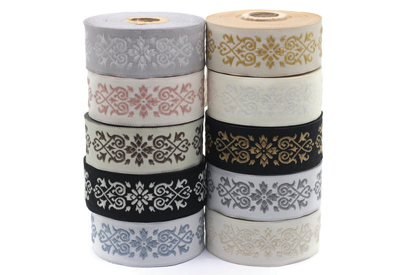 35 mm White-Beige Victorian Jade Jacquard Ribbon 1.37 (inch) | Embroidered Bordure | Fabric Tapestry for Embellishment Craft | 35271