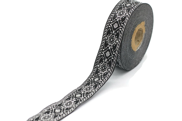 25 mm Black/grey jacquard ribbons (0.98 inches), Vintage ribbon, geometric ribbon, dog collar supplies, ribbon trim, 25948