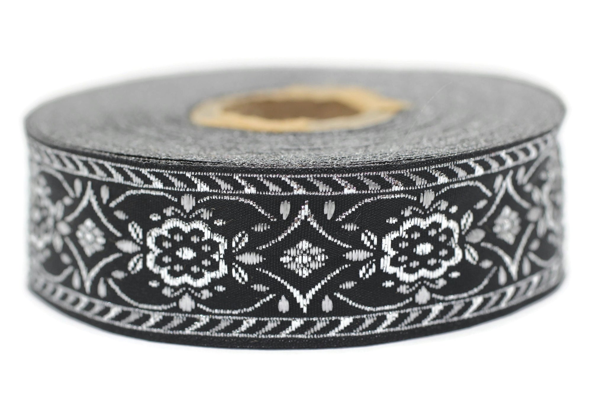 25 mm Black Silver jacquard ribbons (0.98 inches), Vintage ribbon, geometric ribbon, dog collar supplies, ribbon trim, 25948