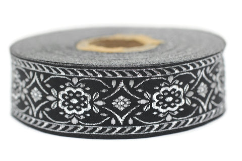 25 mm Black Silver jacquard ribbons (0.98 inches), Vintage ribbon, geometric ribbon, dog collar supplies, ribbon trim, 25948