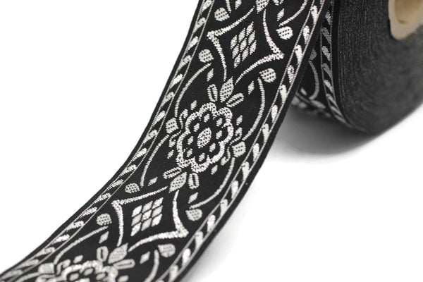 35 mm Black/Grey jacquard ribbon (1.37 inches), Vintage ribbon, geometric ribbon, dog collar supplies, ribbon trim, 35948