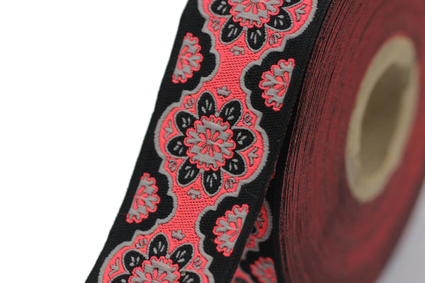 25 mm Neon Pink Floral ribbon, Jacquard ribbon, 0.98inch, Decorative ribbon, Craft Ribbon, Jacquard trim, costume ribbon, sewing trim, 25707