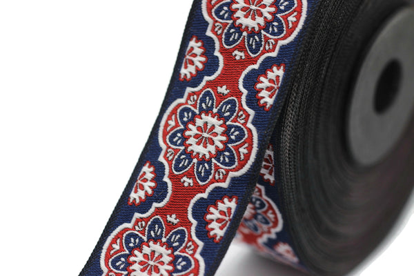 25 mm Red Floral ribbon, Jacquard ribbons, 0.98 inches, Decorative ribbon, Craft Ribbon, Jacquard trim, costume ribbon, sewing trim, 25707